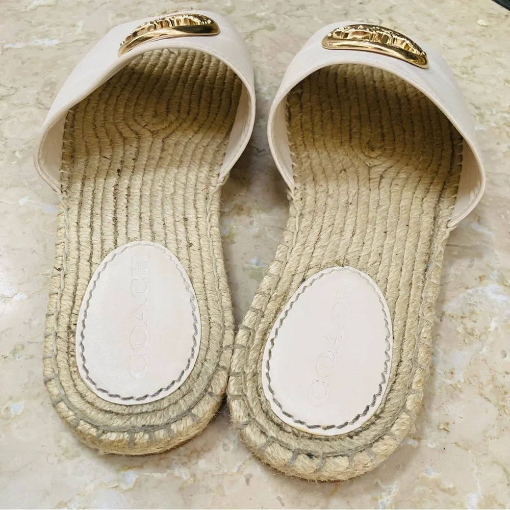 Coach White Leather Espadrille Slide Sandals with Gold Logo